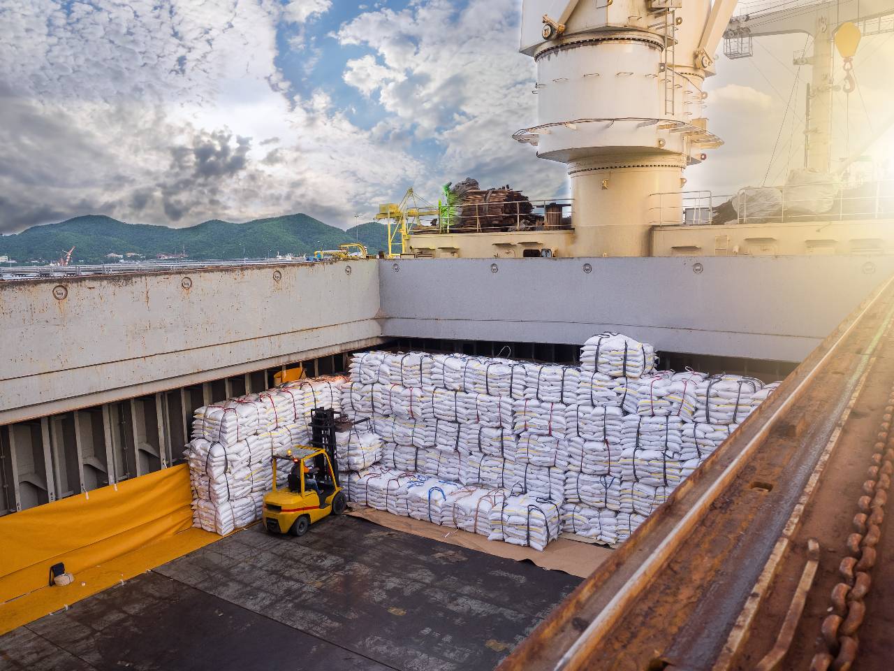 Amarin Jitnathum Forklift handles and stacks bags of sugar into a hold of the bulk carrier vessel.