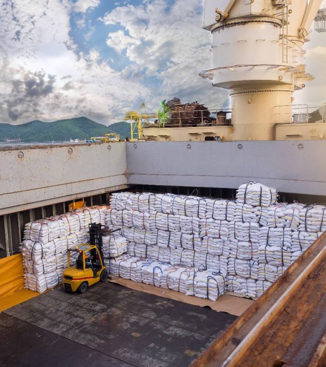 Amarin Jitnathum Forklift handles and stacks bags of sugar into a hold of the bulk carrier vessel.